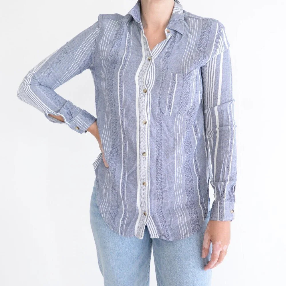 Anthropologie Maeve Blue White Striped Tailored Button Down Blouse Shirt XS